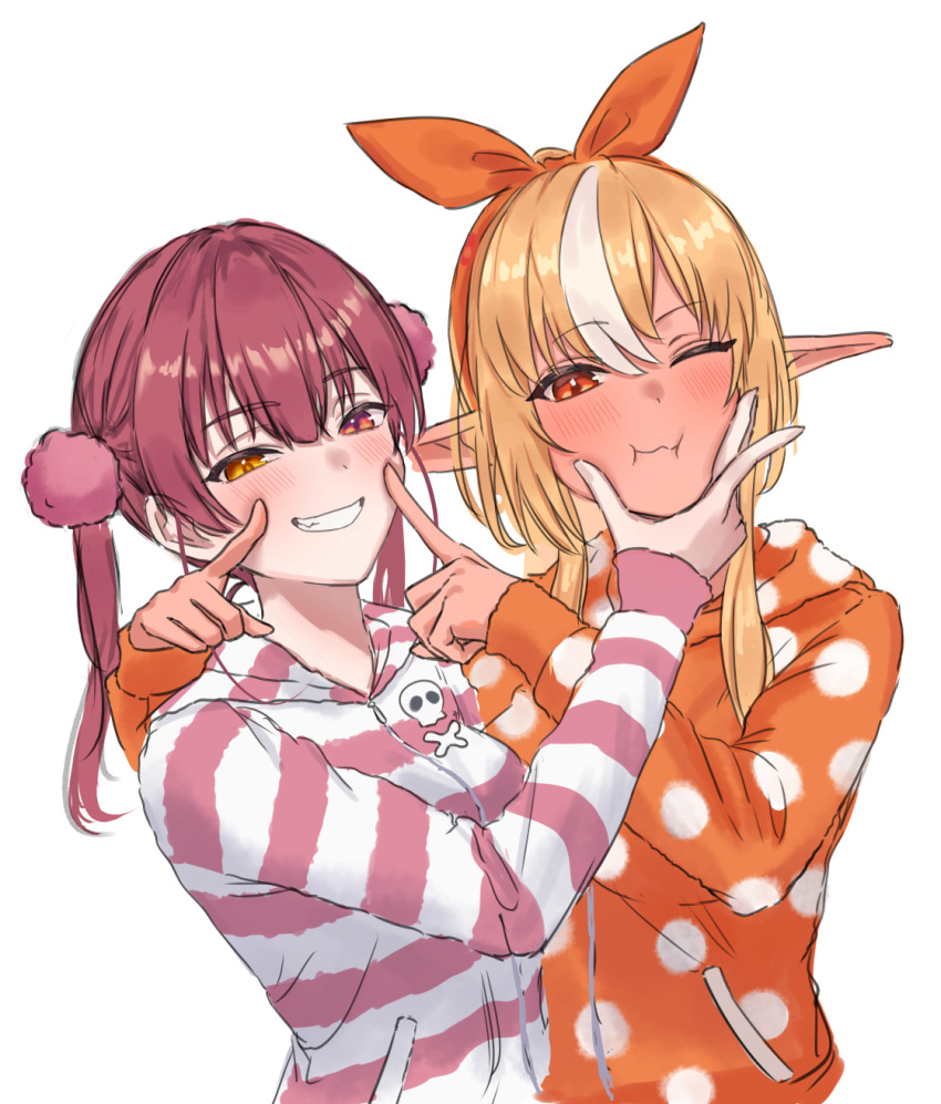 2girls blonde_hair blush cheek_poking dark-skinned_female dark_skin grin hair_between_eyes hairband heterochromia highres hololive houshou_marine long_hair looking_at_viewer multicolored_hair multiple_girls one_eye_closed orange_eyes orange_hairband pajamas pointy_ears poking polka_dot polka_dot_pajamas red_eyes red_hair ribbon shino_12a shiranui_flare smile squishing streaked_hair striped striped_pajamas twintails virtual_youtuber white_background white_hair yellow_eyes