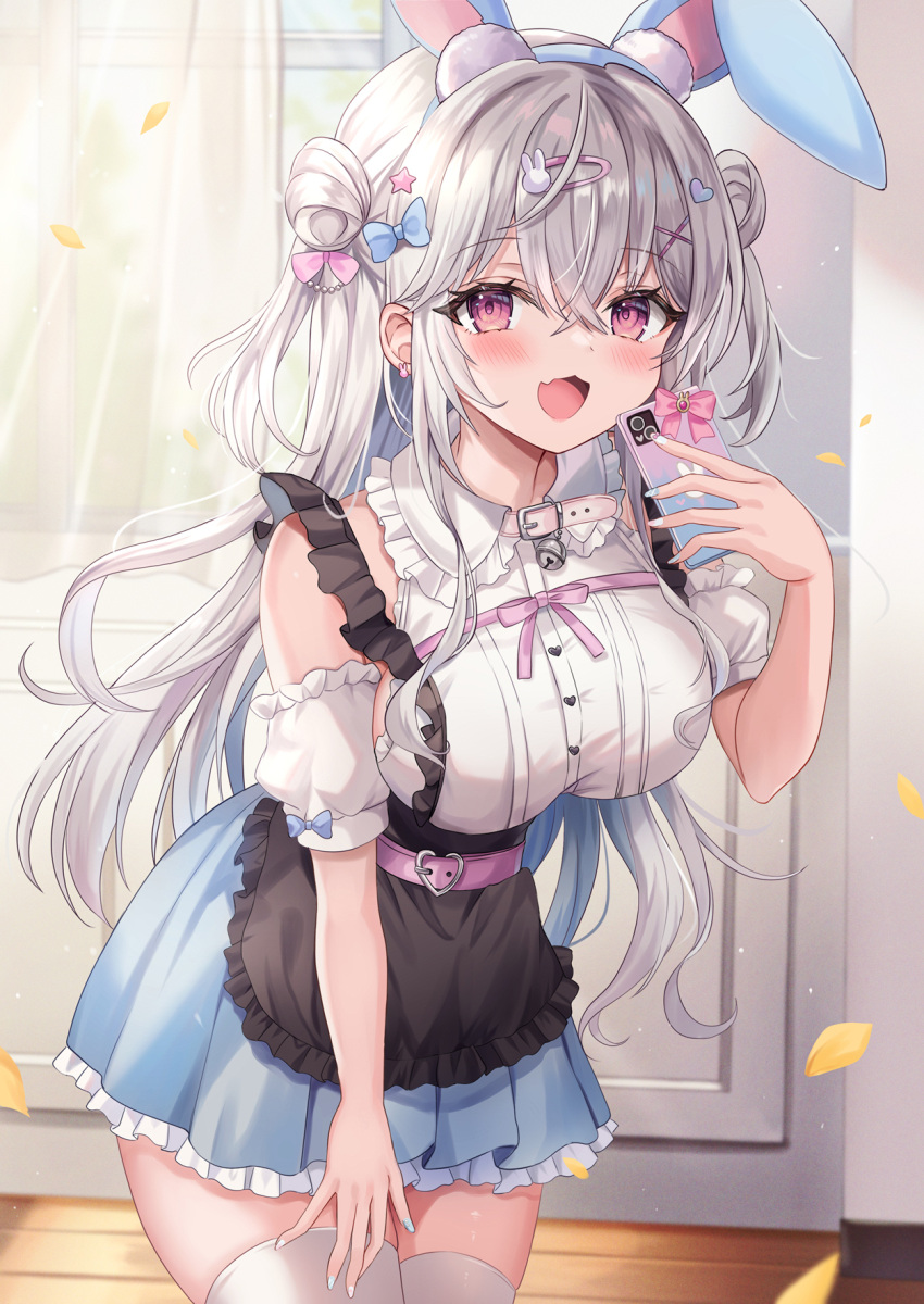 1girl apron bell belt_buckle black_apron blue_bow bow breasts buckle cellphone curtains detached_sleeves fang grey_hair greyscale hair_bow hair_ornament hairclip highres holding holding_phone monochrome nail_polish neck_bell original phone pink_bow purple_eyes retsuto skirt smartphone thighhighs two_side_up