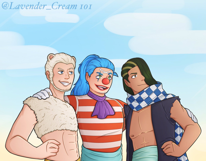 3boys abs animal_ears artist_name asymmetrical_bangs beard blue_hair buggy_the_clown cabaji closed_mouth clown_nose facial_hair facial_mark gloves hair_over_one_eye highres lavender-clown long_hair low_ponytail male_focus mohji multicolored_hair multiple_boys one_piece open_mouth ponytail red_nose scarf shirt short_hair smile striped striped_shirt teeth two-tone_hair white_gloves white_hair