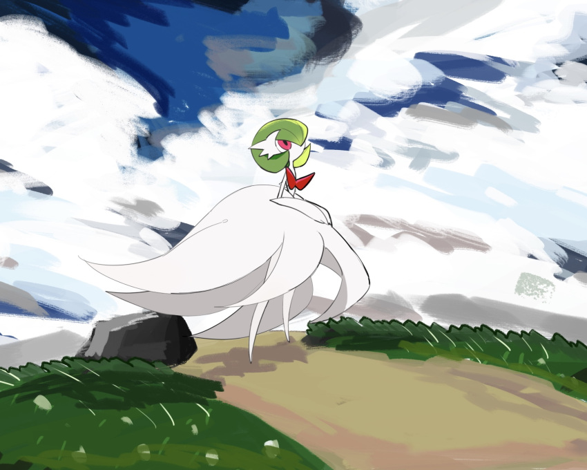 1girl bangs blue_sky bob_cut cloud colored_skin commentary day dress elbow_gloves flat_chest full_body gardevoir gloves grass green_hair hair_over_one_eye highres looking_up mega_gardevoir mega_pokemon one_eye_covered outdoors own_hands_together path pokemon pokemon_(creature) red_eyes road rock short_hair sky solo standing strapless strapless_dress takashi_(pixiv_80298118) white_dress white_skin
