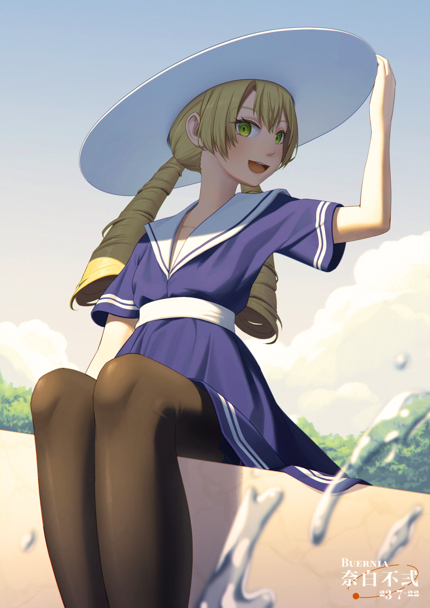 1girl :d absurdres adjusting_clothes adjusting_headwear arm_up artist_name belt black_pantyhose blonde_hair blue_dress blue_sky blurry blurry_foreground buernia chromatic_aberration cloud dated day dress drill_hair dutch_angle feet_out_of_frame green_eyes hand_up hat highres long_hair looking_at_viewer low_twintails pantyhose reverse:1999 sailor_collar sailor_dress shaded_face short_dress short_sleeves sitting sky smile solo sotheby splashing sun_hat tree turning_head twin_drills twintails water white_belt white_headwear white_sailor_collar