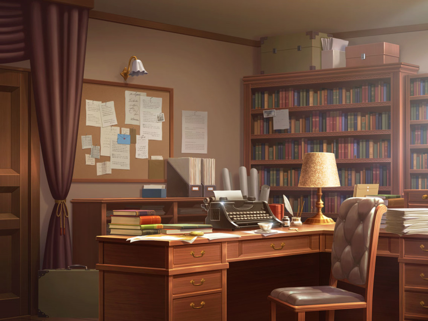 book book_stack bookshelf box bulletin_board chair curtains desk desk_lamp door folder game_cg indoors ink_bottle lamp no_humans office paper paper_stack pocket_watch quill scenery scroll suitcase third-party_source typewriter uta_no_prince-sama uta_no_prince-sama:_shining_live watch