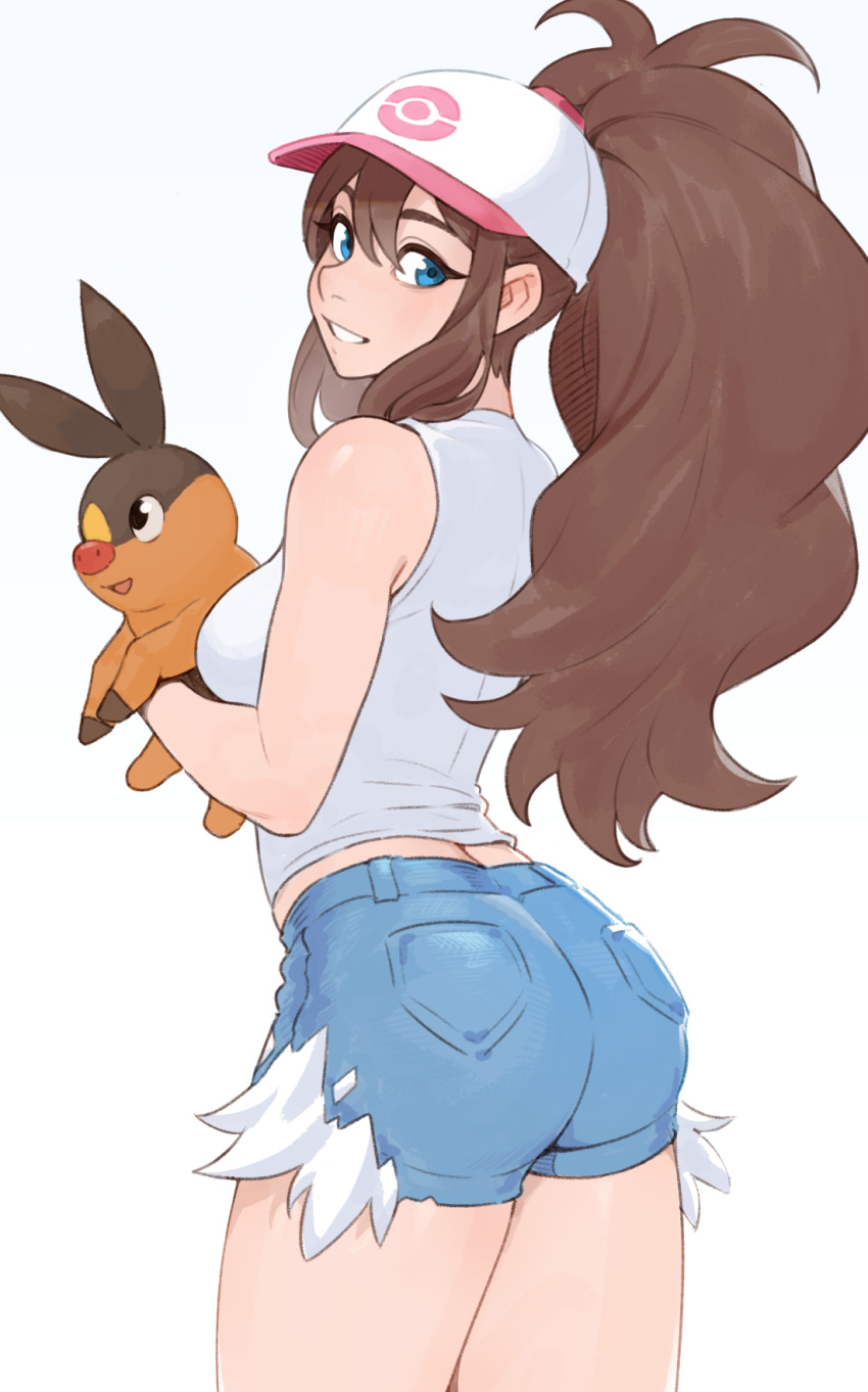 1girl ass baseball_cap blue_eyes blue_shorts breasts brown_hair cheshirrr cowboy_shot denim denim_shorts grin hair_through_headwear hat high_ponytail highres hilda_(pokemon) holding holding_pokemon long_hair medium_breasts poke_ball_print pokemon pokemon_(creature) pokemon_(game) pokemon_bw short_shorts shorts smile tank_top tepig thighs very_long_hair white_tank_top