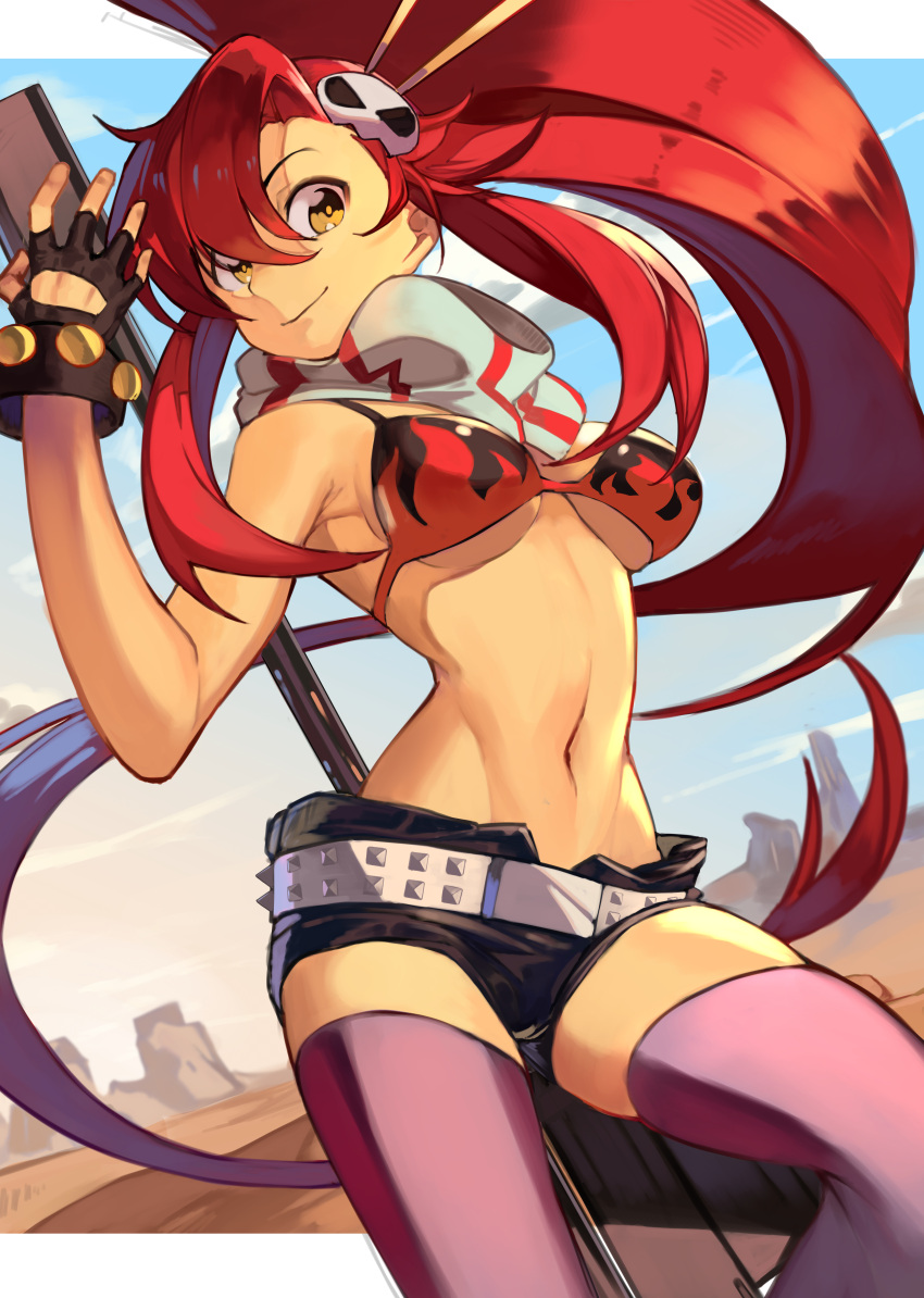 1girl absurdres alwaysregg anti-materiel_rifle belt bikini bikini_top_only black_gloves breasts cleavage fingerless_gloves flame_print gloves gun hair_between_eyes hair_ornament hair_stick highres large_breasts long_hair looking_at_viewer navel purple_thighhighs red_hair rifle scarf short_shorts shorts skull_hair_ornament sniper_rifle striped striped_scarf studded_belt studded_bracelet swimsuit tengen_toppa_gurren_lagann thighhighs weapon yellow_eyes yoko_littner