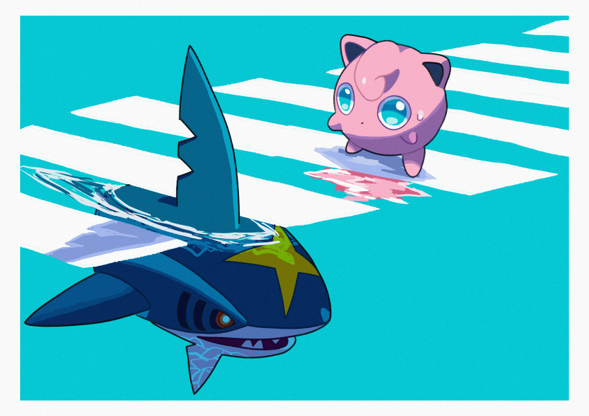 absurdres border closed_mouth commentary_request crosswalk green_background green_eyes highres jigglypuff no_humans pokemon pokemon_(creature) ripples saiku_(zvlku) sharpedo standing sweatdrop swimming water white_border