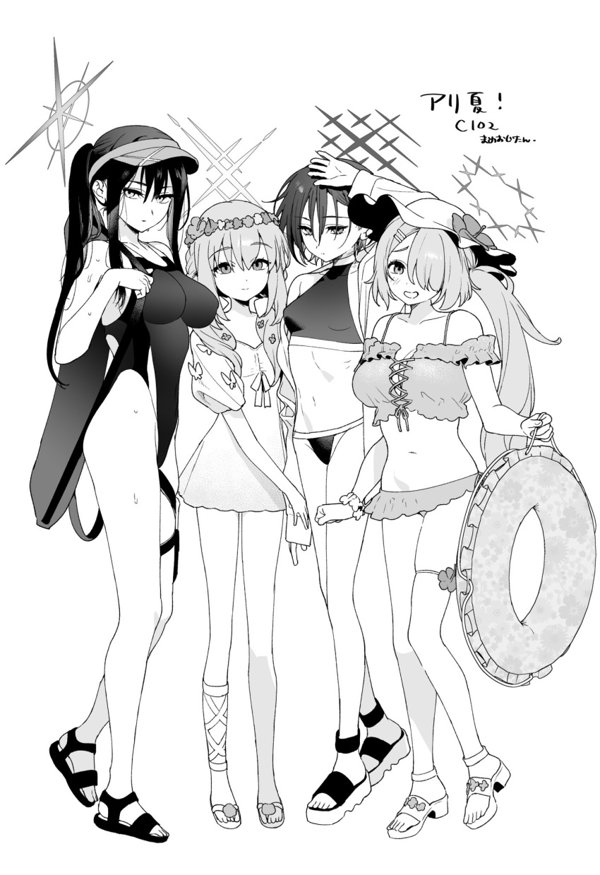 4girls alternate_costume atsuko_(blue_archive) bag blue_archive breasts colored_inner_hair commentary_request competition_school_swimsuit dress duffel_bag flower full_body greyscale groin hair_between_eyes hair_ornament hair_over_one_eye hairclip halo hat hat_flower head_wreath highleg highleg_swimsuit highres hiyori_(blue_archive) holding holding_innertube innertube large_breasts long_bangs looking_at_viewer low_twintails mameojitan misaki_(blue_archive) monochrome multicolored_hair multiple_girls navel one-piece_swimsuit ponytail sandals saori_(blue_archive) school_swimsuit scrunchie short_dress short_hair short_sleeves shoulder_bag side_ponytail sidelocks simple_background sleeveless standing stomach sun_hat swimsuit thighlet twintails two-tone_hair visor_cap white_background wrist_scrunchie