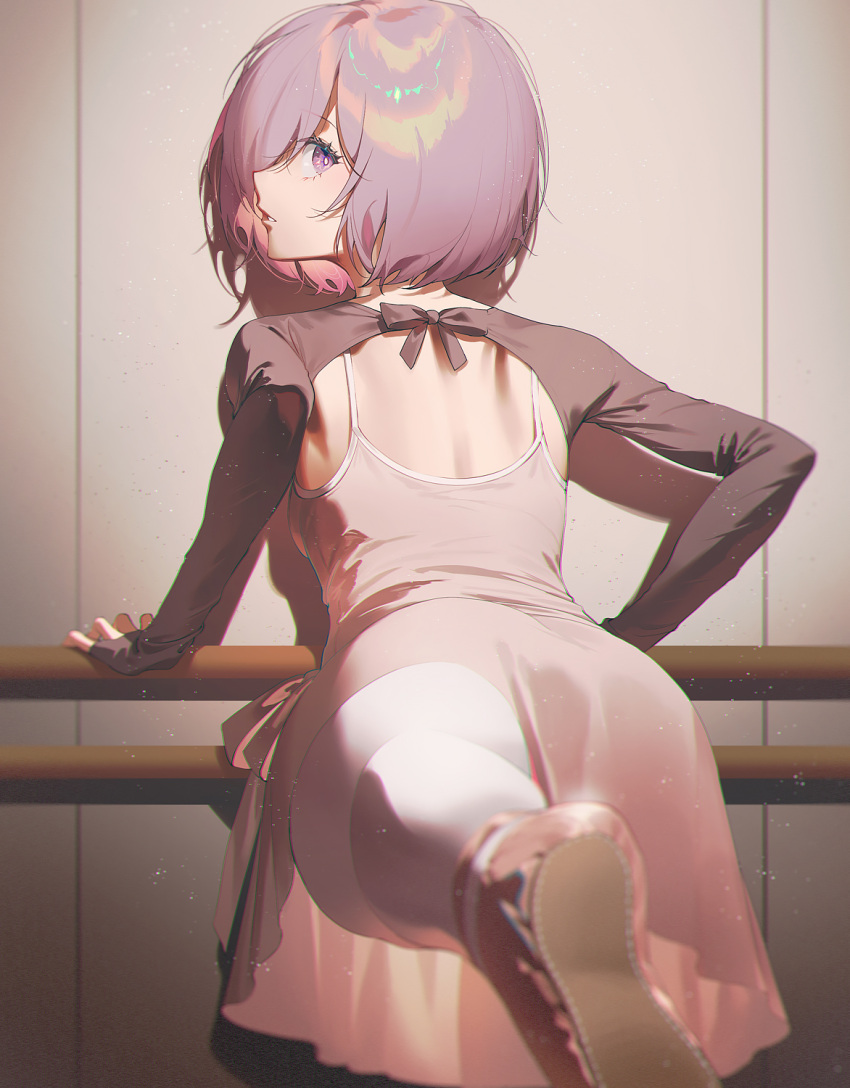 1girl barre black_shirt camisole fajyobore fate/grand_order fate_(series) hand_on_railing highres leaning_forward looking_at_viewer looking_back mash_kyrielight median_furrow outstretched_leg pants parted_lips pink_camisole pink_pants pink_skirt pink_thighhighs purple_eyes purple_hair shirt short_hair shoulder_blades shrug_(clothing) skirt sleeves_past_wrists thighhighs