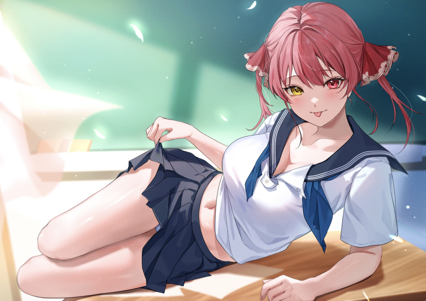 1girl :p absurdres blush breasts chalkboard classroom clothes_lift commentary_request curtains falling_petals full_body heterochromia highres hololive houshou_marine large_breasts lying miniskirt monokawa_(iurl1z) navel neckerchief on_side panties panty_peek petals pleated_skirt red_eyes red_hair sailor_collar school_uniform skirt skirt_lift solo thighs tongue tongue_out twintails underwear undone_neckerchief virtual_youtuber yellow_eyes