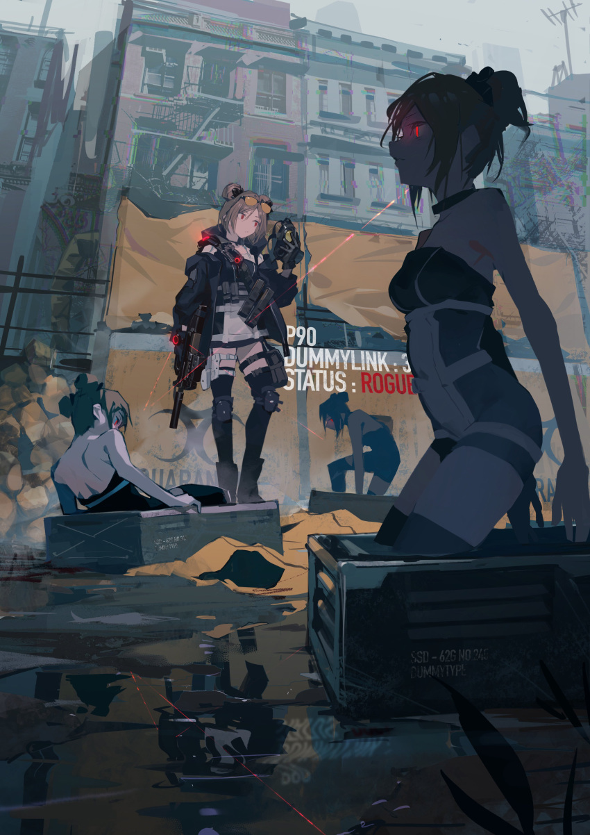aamond absurdres bangs black_thighhighs building bullpup choker city closed_mouth commentary_request day double_bun english_text eyewear_on_head full_body girls'_frontline gloves glowing glowing_eyes gun hair_bun highres holding holding_gun holding_mask holding_weapon light_brown_hair mask outdoors p90 p90_(girls'_frontline) red_eyes short_hair stairs standing submachine_gun sunglasses thighhighs tom_clancy's_the_division weapon