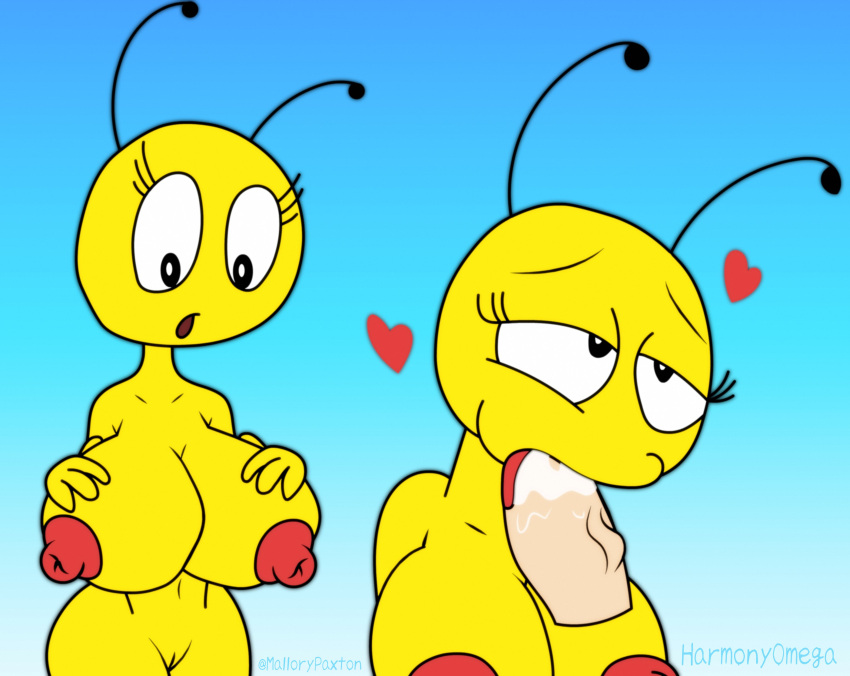 &lt;3 absurd_res antennae_(anatomy) arthropod bee big_breasts breasts fellatio female genitals half-closed_eyes hand_on_breast hi_res hymenopteran insect lena_the_bee mallorypaxton narrowed_eyes nipples oral penile penis pussy russian_cooking_oil_commercial sex spreading tongue tongue_out vein veiny_penis wings yellow_body