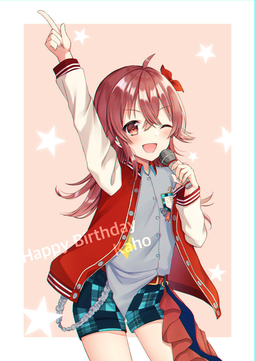 1girl absurdres arm_up belt checkered_shorts grey_shirt happy_birthday highres holding holding_microphone idolmaster idolmaster_shiny_colors jacket komiya_kaho long_hair long_sleeves microphone mochiko_(uyu_omochi) multicolored_clothes multicolored_jacket one_eye_closed open_mouth red_eyes red_hair shirt solo
