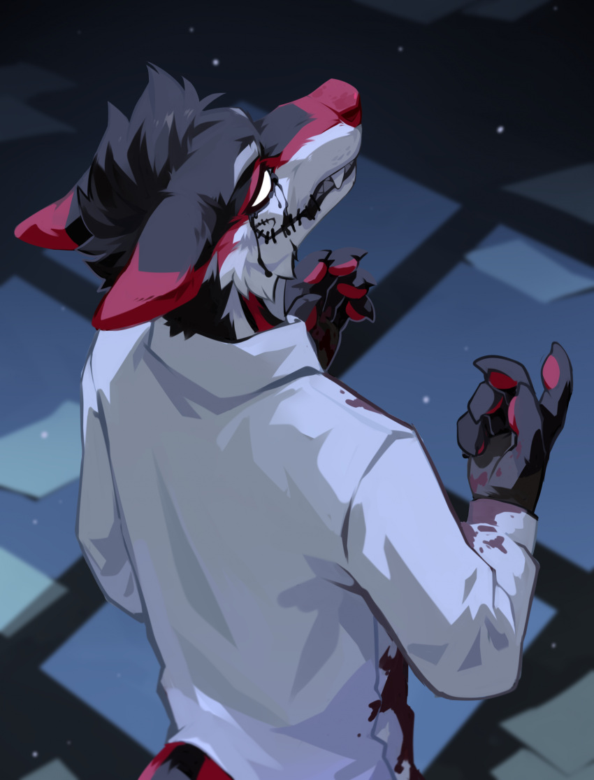 anthro black_tears blood bodily_fluids canid cheek_tuft clothed clothing corzh77 ears_back empty_eyes facial_tuft fangs fur grey_body grey_fur grey_hair hair hi_res male mammal pivoted_ears red_body red_fur red_nose solo tears teeth topwear tuft white_body white_clothing white_fur white_topwear