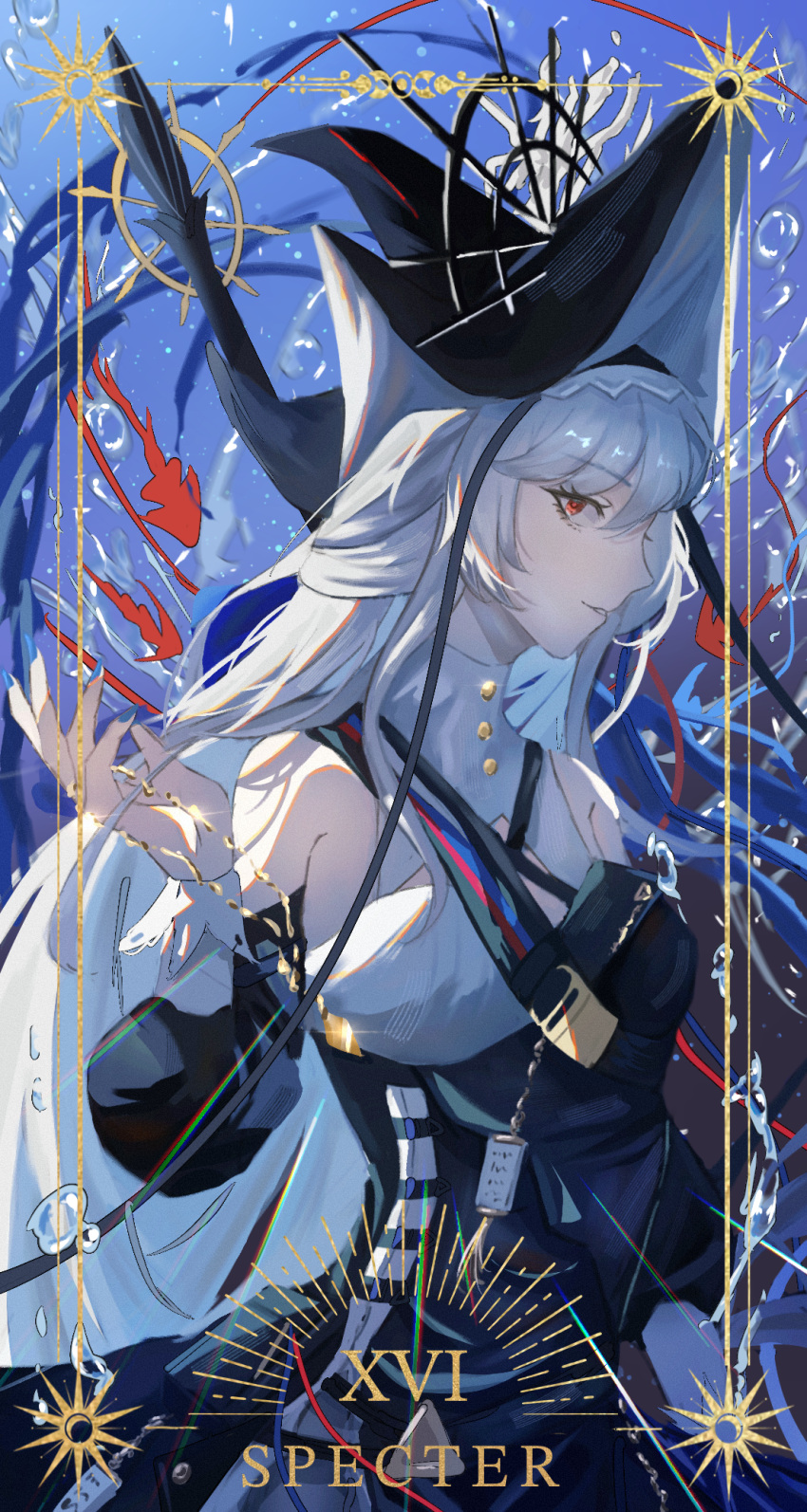 1girl arknights bare_shoulders black_dress black_headwear black_sleeves character_name detached_sleeves dress fanhualuoying307 grey_hair hat highres long_hair long_sleeves looking_at_viewer parted_lips puffy_long_sleeves puffy_sleeves red_eyes roman_numeral solo specter_(arknights) specter_the_unchained_(arknights) tarot very_long_hair