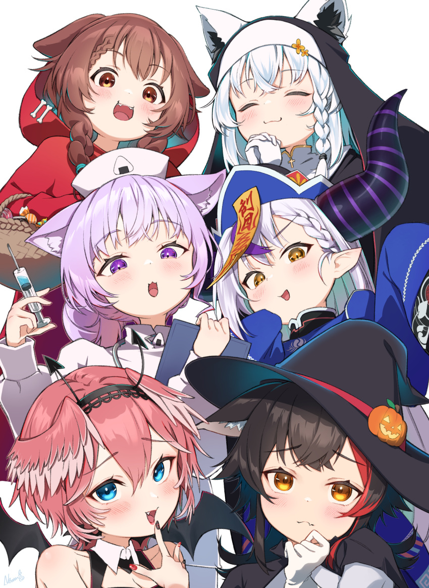 6+girls :3 animal_ears black_hair blue_eyes blush brown_eyes brown_hair clipboard closed_eyes demon_horns dorobo_kensetsu fake_horns fangs fox_ears gloves grey_hair habit hair_between_eyes hairband halloween halloween_costume hat head_wings highres holding holding_clipboard holding_needle hololive horns inugami_korone la+_darknesss long_hair looking_at_viewer multicolored_hair multiple_girls needle nekomata_okayu nun nurse_cap ookami_mio open_mouth pink_hair pointy_ears praying purple_eyes purple_hair red_hair red_hood shirakami_fubuki short_hair streaked_hair takane_lui totoro_(hirohero24) two-tone_hair virtual_youtuber white_background white_gloves white_hair wings witch_hat wolf_ears yellow_eyes