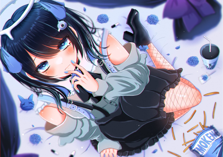 1girl ado_(singer) arm_support black_bow black_bowtie black_choker black_dress black_footwear black_hair blue_bow blue_eyes blue_flower blue_hair blurry blurry_background blush bow bowtie bubble_tea choker closed_mouth clothing_cutout commentary cup darling_dance_(vocaloid) dress drinking_straw dutch_angle fishnet_pantyhose fishnets flower food frilled_dress frills full_body hair_ornament halo heart heart-shaped_pupils high_heels highres jirai_kei light_particles long_sleeves looking_at_viewer melting_halo mole mole_under_eye multicolored_hair niconico pantyhose puffy_sleeves shoko_(gs_music11) shoulder_cutout sitting solo streaked_hair symbol-shaped_pupils twintails utaite_(singer) v v_over_mouth yokozuwari