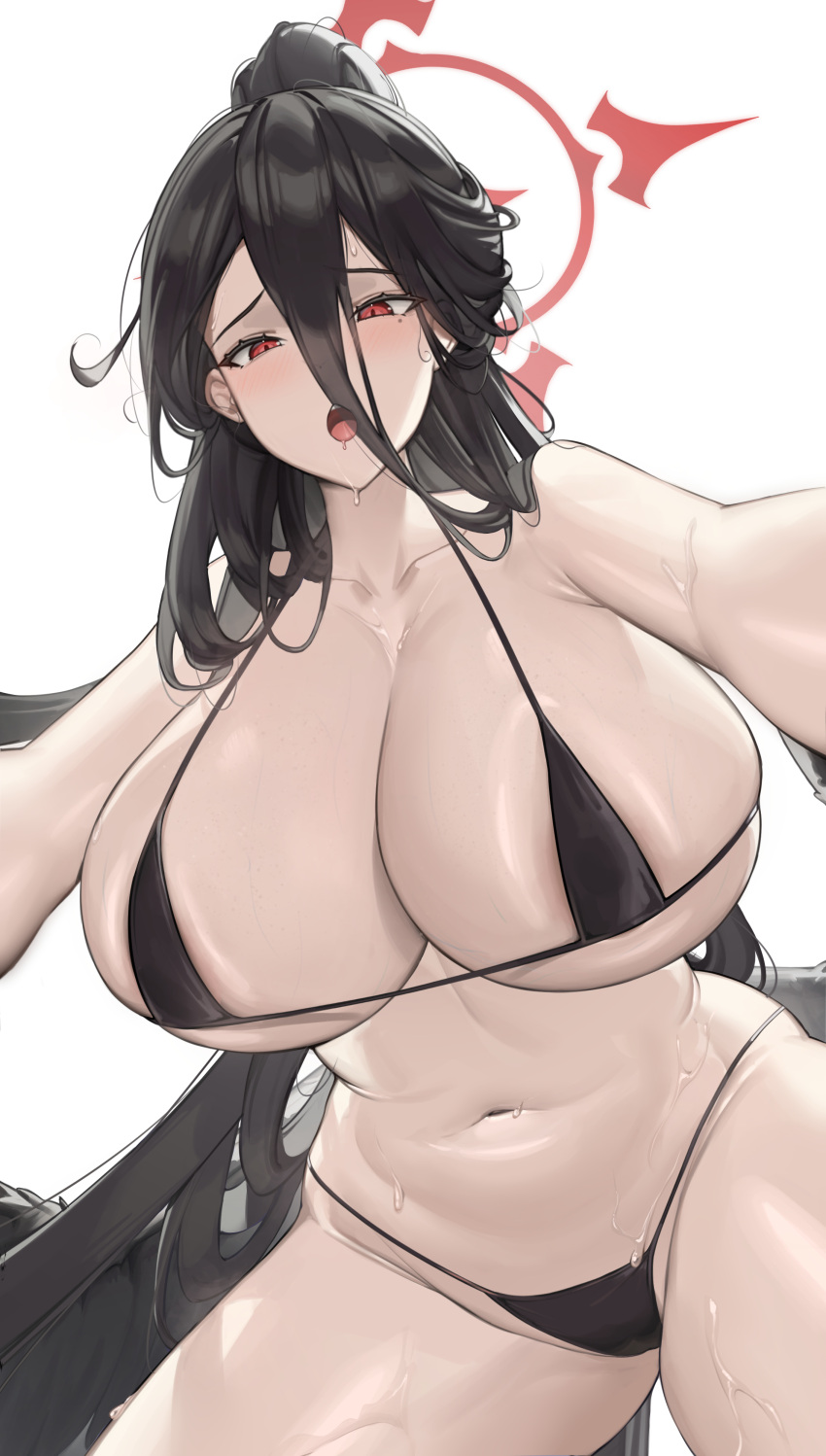 1girl :o absurdres alternate_costume bikini black_bikini black_hair blue_archive blush breasts cleavage collarbone hair_between_eyes halo hasumi_(blue_archive) highres large_breasts long_hair low_wings mole mole_under_eye navel open_mouth red_eyes samart sideboob simple_background skindentation solo stomach sweat swimsuit thighs underboob white_background wings