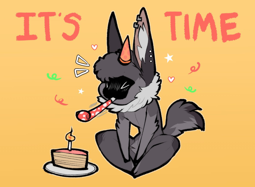 ace_(claweddrip) anthro birthday_cake cake candle chibi claweddrip clothing dessert dragon eyes_closed food fur furred_dragon grey_body grey_fur happy_birthday hat headgear headwear male neck_tuft party_hat party_horn sitting solo tuft