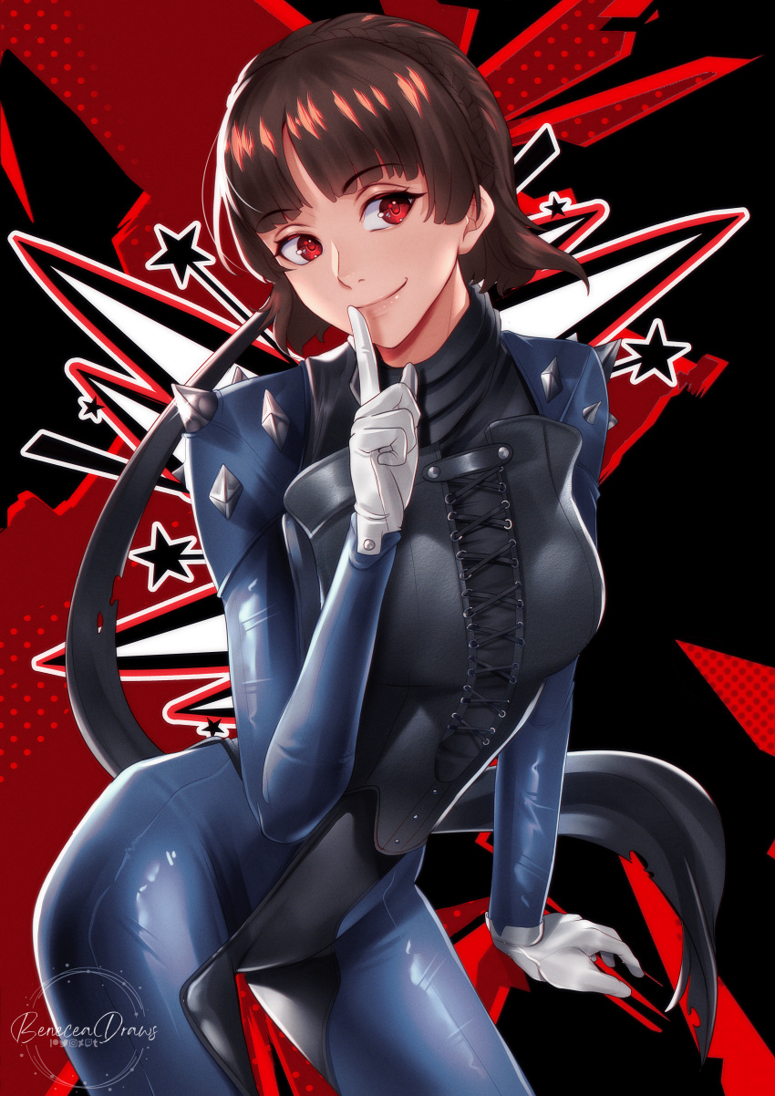 1girl absurdres black_background black_bodysuit blue_bodysuit bodysuit braid breasts brown_hair closed_mouth contrapposto crown_braid finger_to_mouth gloves highres index_finger_raised medium_breasts multicolored_background niijima_makoto persona persona_5 pixie_(pixieinktvis) red_background red_eyes short_hair shoulder_spikes smile solo spikes two-tone_bodysuit white_gloves