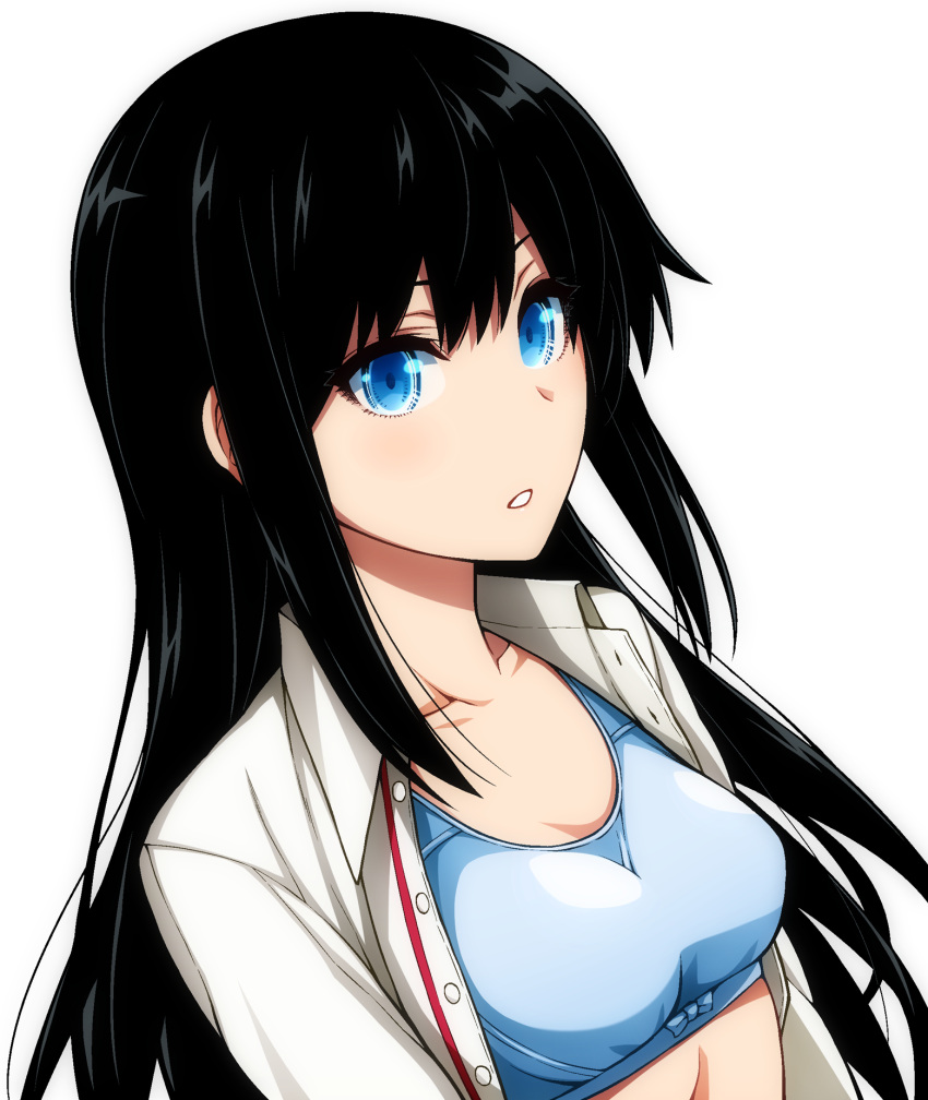 1girl :o alternate_breast_size asashio_(kancolle) bed_sheet black_hair blue_eyes blue_sports_bra blush breasts collarbone collared_shirt commentary_request dutch_angle highres kantai_collection long_hair looking_at_viewer medium_breasts open_clothes open_shirt parted_lips photoshop_(medium) purple_background shirt sidelocks simple_background solo sports_bra straight_hair unbuttoned unbuttoned_shirt underwear upper_body uron-rei very_long_hair white_background white_shirt wing_collar