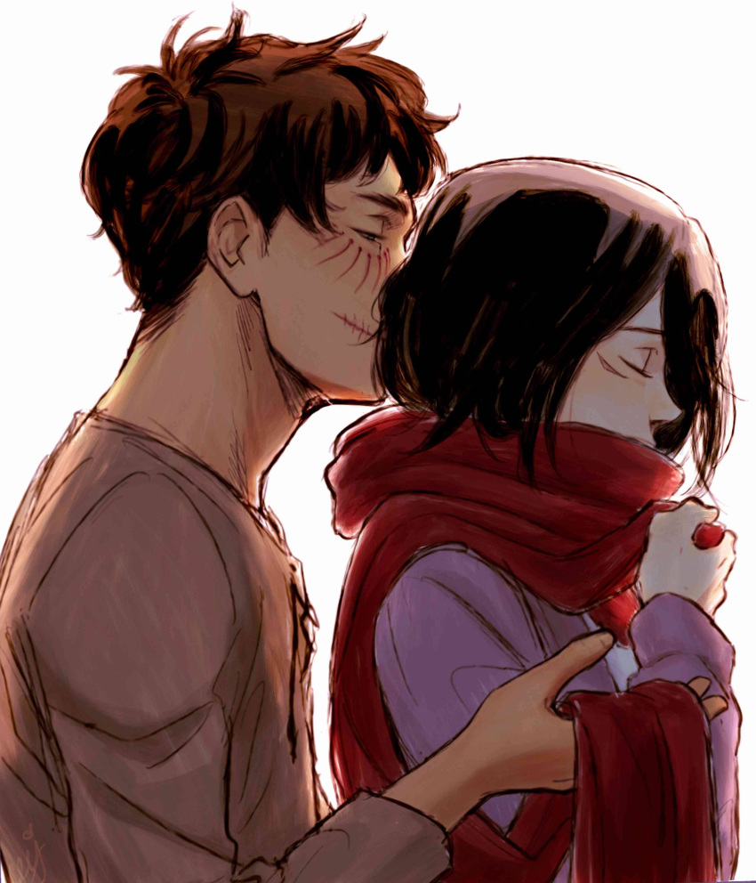 1boy 1girl absurdres backlighting brown_hair ceejles closed_eyes commentary english_commentary eren_yeager facial_mark from_side half-closed_eyes highres holding holding_clothes holding_scarf medium_hair mikasa_ackerman red_scarf scar scar_on_cheek scar_on_face scarf scarf_over_mouth shingeki_no_kyojin