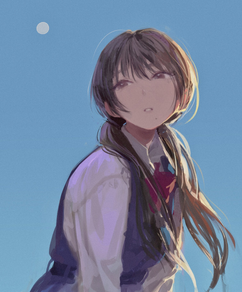 1girl belt blue_belt blue_dress blue_sky bow bowtie brown_eyes brown_hair collared_shirt day dress expressionless full_moon hair_over_shoulder half-closed_eyes highres long_hair long_sleeves looking_to_the_side low_twintails mole mole_under_mouth momokumo moon original outdoors parted_lips pinafore_dress red_bow red_bowtie shirt sidelighting sideways_glance sky solo sunlight twintails upper_body v_arms white_shirt