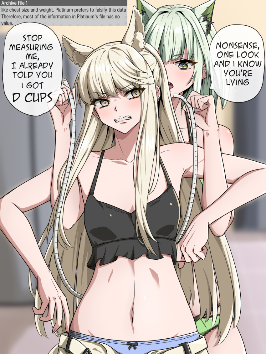 2girls animal_ear_fluff animal_ears arknights bare_arms bare_shoulders blonde_hair blue_panties brown_eyes camisole cat_ears clenched_teeth commentary crop_top english_commentary green_eyes green_hair head_tilt highres horse_ears indoors kal'tsit_(arknights) long_hair midriff multiple_girls navel open_mouth panties platinum_(arknights) spaghetti_strap speech_bubble stomach symmetricturd tape_measure teeth underwear upper_body very_long_hair