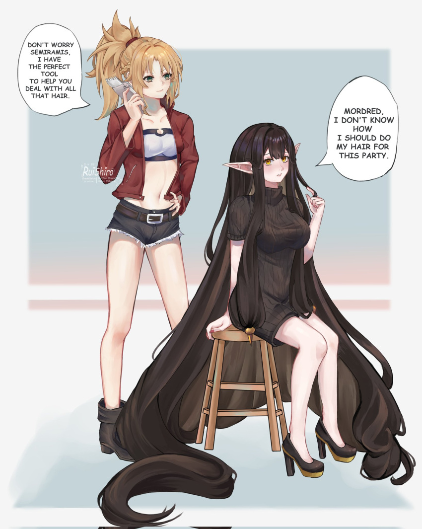2girls bandeau bare_arms black_footwear black_shorts black_sweater blonde_hair breasts commentary commission cutoffs electric_razor fate/apocrypha fate_(series) full_body high_heels highres holding jacket large_breasts long_hair long_sleeves midriff mordred_(fate) mordred_(fate/apocrypha) multiple_girls navel open_clothes open_jacket pointy_ears ponytail red_jacket ribbed_sweater rurui134 semiramis_(fate) shoes short_shorts short_sleeves shorts smile speech_bubble standing stomach stool strapless sweater tube_top turtleneck turtleneck_sweater yellow_eyes