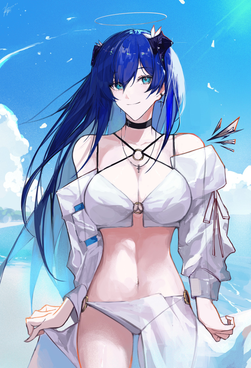 1girl absurdres arknights bikini black_choker blue_eyes blue_hair blue_sky choker closed_mouth cloud collarbone commentary day english_commentary highres horns long_hair long_sleeves looking_at_viewer mostima_(arknights) navel outdoors puffy_long_sleeves puffy_sleeves sky smile solo standing swimsuit very_long_hair white_bikini yuki_flourish