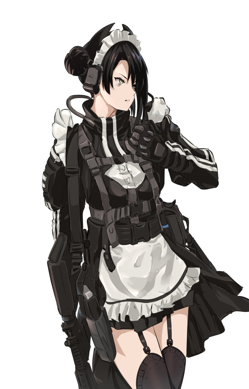 1girl agent_(girls'_frontline) alternate_costume apron assault_rifle black_thighhighs exoskeleton frilled_sleeves frills girls'_frontline gloves gun highres holster maid maid_apron maid_headdress mutugorou_u rifle solo strap thigh_strap thighhighs weapon