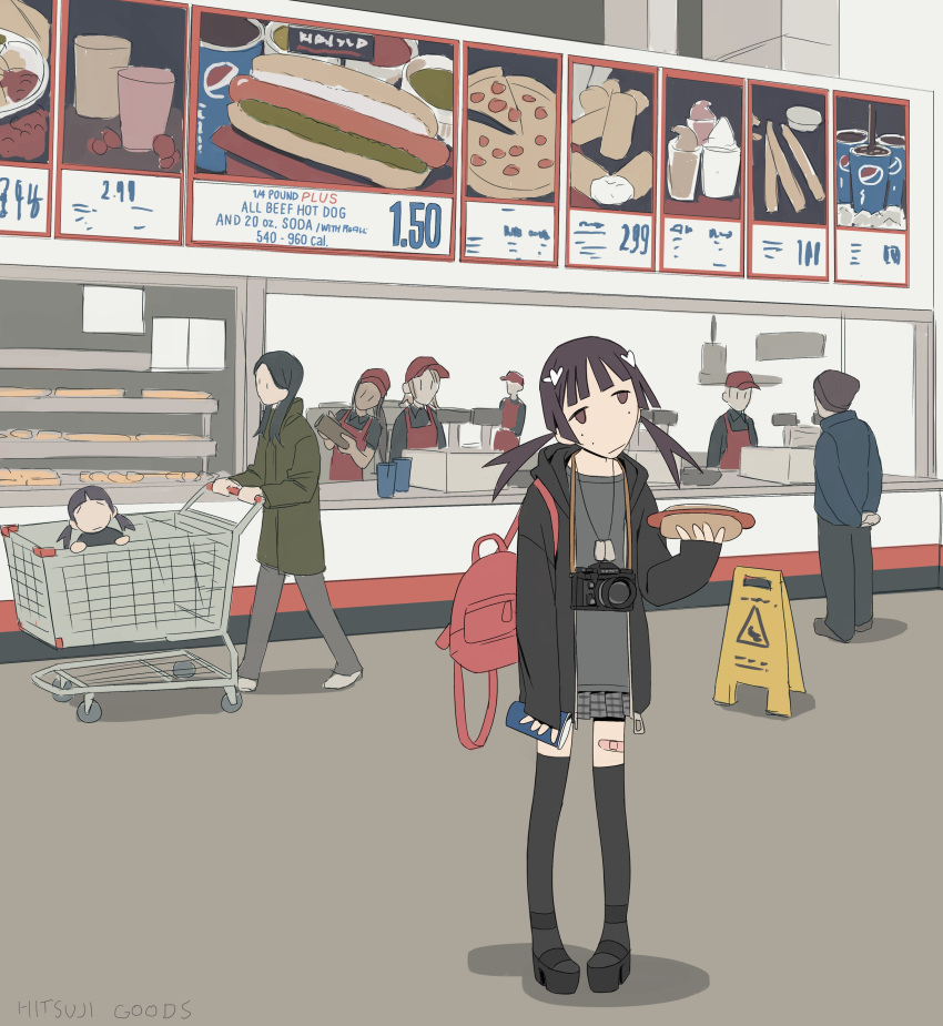 absurdres backpack bag camera child churro costco english_text food grey_skirt highres hitsuji_(hitsujigoods) holding holding_food hot_dog ice_cream original pepsi pizza shadow skirt soda standing