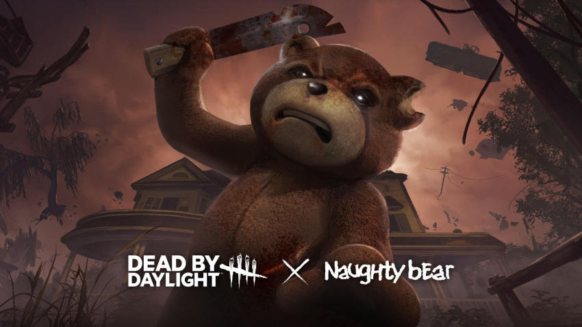 angry anthro bear blood bodily_fluids dead_by_daylight digital_media_(artwork) english_text floating_object hi_res horror_(theme) living_toy machete male mammal mansion melee_weapon naughty_bear notched_ear official_art plant plushie solo teddy_bear_(species) teeth text tree unknown_artist wallpaper weapon