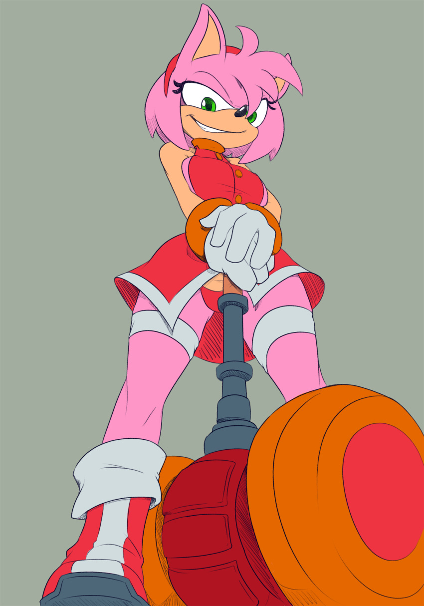accessory amy_rose anthro black_nose clothed clothing eulipotyphlan female footwear gloves green_eyes grey_background hair hair_accessory hammer handwear hedgehog hi_res imric1251 mammal pink_body pink_hair sega shoes simple_background solo sonic_the_hedgehog_(series) thong tools underwear