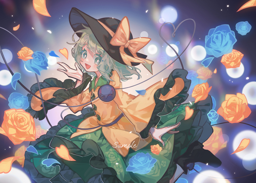 1girl black_headwear blue_flower blue_rose collared_shirt floral_print flower frilled_shirt_collar frilled_skirt frilled_sleeves frills green_eyes green_hair green_skirt hat hat_ribbon heart heart_of_string highres komeiji_koishi long_sleeves medium_hair open_mouth orange_flower orange_rose petals ribbon rose rose_petals rose_print sample_watermark shirt skirt smile solo suelement third_eye touhou watermark wide_sleeves yellow_ribbon yellow_shirt