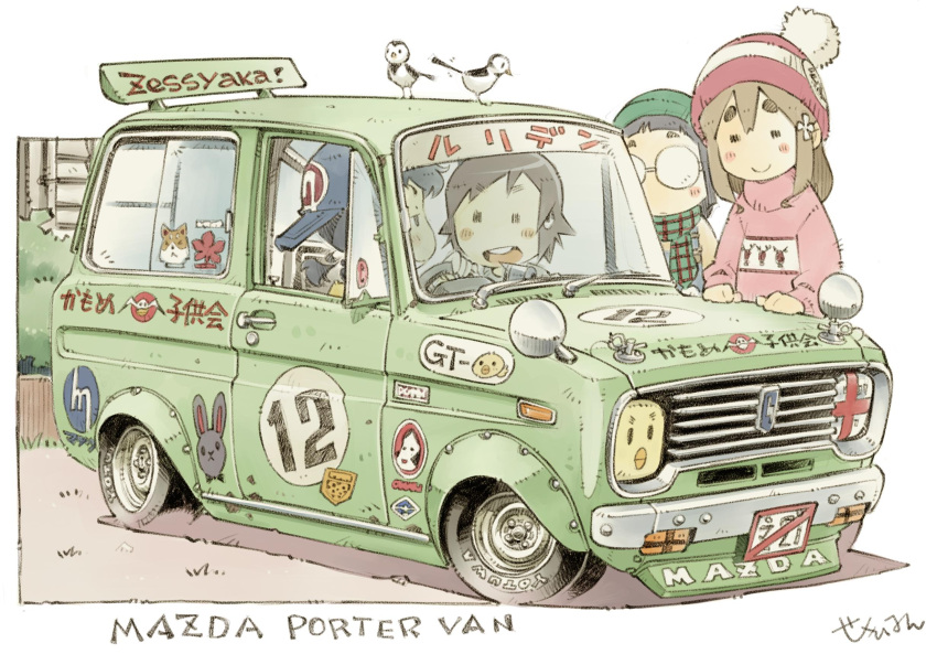 4girls baseball_cap beanie bird blue_headwear blush brown_hair car checkered_clothes checkered_scarf closed_eyes green_car green_headwear hat highres holding leaning_against_vehicle license_plate mazda mazda_porter_cab motor_vehicle multiple_girls open_mouth original red_headwear red_sweater round_eyewear scarf sekihan shadow short_hair shouwa signature sitting smile sticker sweater teeth two-tone_sweater upper_teeth_only van vehicle_focus white_background