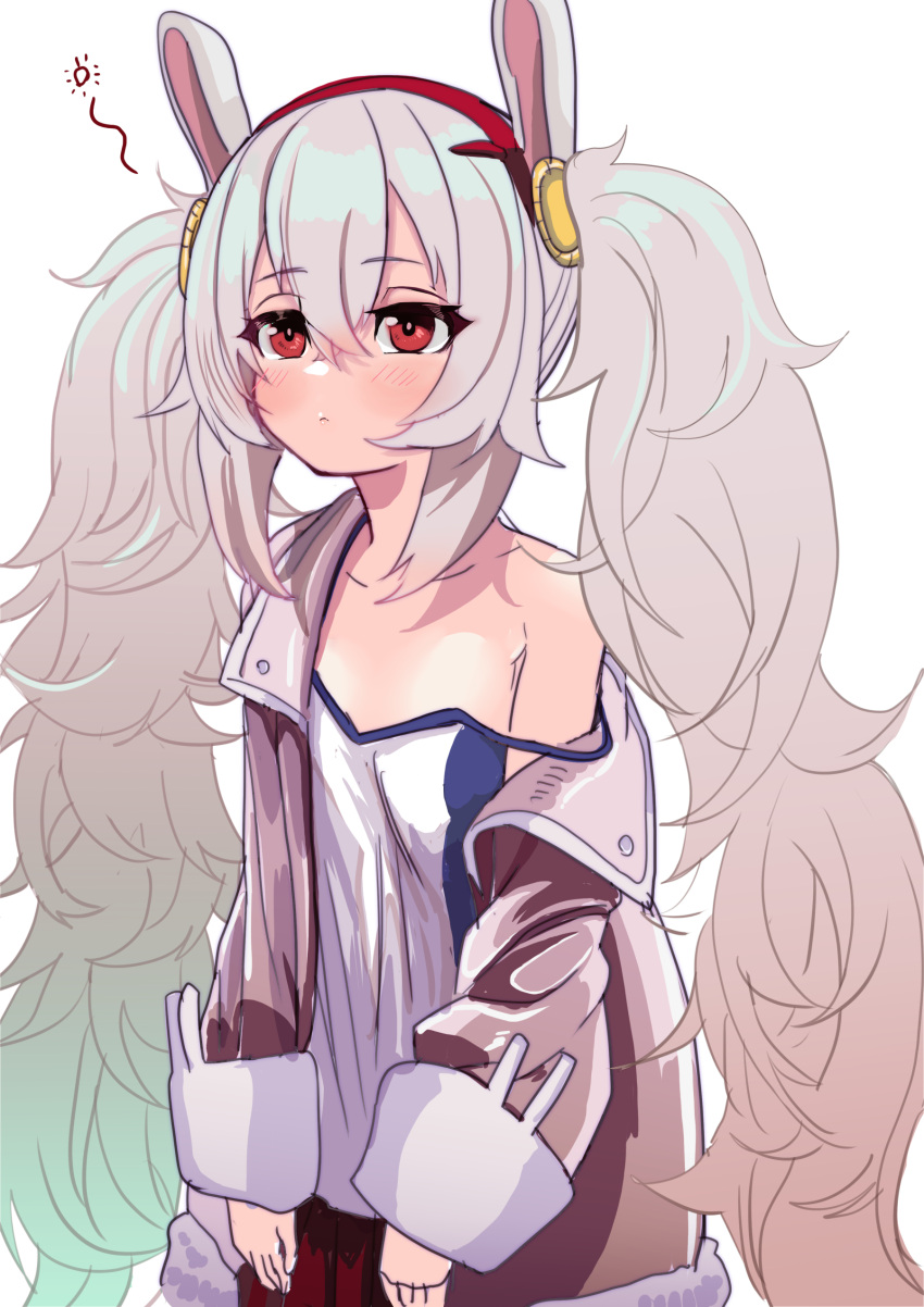 1girl absurdres animal_ears azur_lane blush camisole flat_chest grey_hair hair_between_eyes hairband hey_taisyou highres jacket laffey_(azur_lane) long_hair long_sleeves off_shoulder open_clothes open_jacket pink_jacket rabbit_ears red_eyes red_hairband simple_background solo twintails very_long_hair white_background