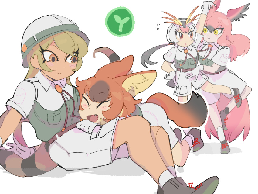 4girls ^_^ all_fours animal_ears antenna_hair arm_up bird_girl bird_tail bird_wings black_hair blonde_hair breast_pocket brown_hair captain_(kemono_friends) captain_(kemono_friends)_(cosplay) closed_eyes closed_mouth collared_shirt cosplay dancing dhole_(kemono_friends) dog_ears dog_girl dog_tail eyelashes facing_another fang flying_sweatdrops foot_up gloves grey_hair hand_on_own_hip hat head_wings helmet highres igarashi_(nogiheta) kemono_friends kemono_friends_3 king_cobra_(kemono_friends) leaning_back long_hair looking_at_another medium_hair multicolored_eyes multicolored_hair multiple_girls open_mouth orange_hair outstretched_arm parted_lips pink_hair pith_helmet pocket red_eyes red_hair royal_penguin_(kemono_friends) scarlet_ibis_(kemono_friends) shirt shoes short_sleeves shorts sitting smile snake_tail tail tan two-tone_hair very_long_hair wing_collar wings yellow_eyes