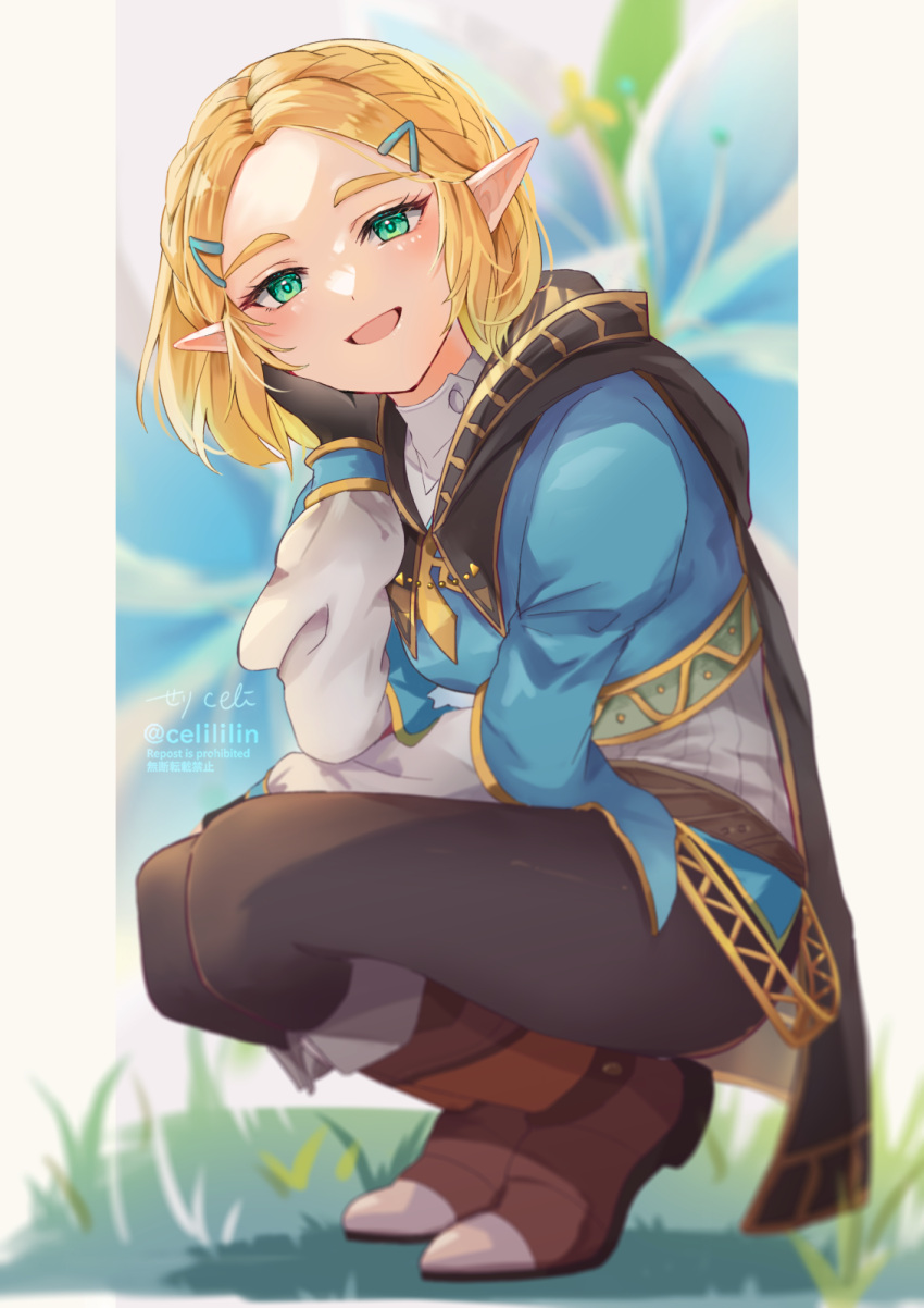 aqua_eyes black_pants blonde_hair blue_vest boots hair_ornament hairclip highres leather leather_boots looking_at_viewer pants pointy_ears princess_zelda seri_(yuukasakura) short_hair sidelocks smile squatting the_legend_of_zelda the_legend_of_zelda:_tears_of_the_kingdom vest