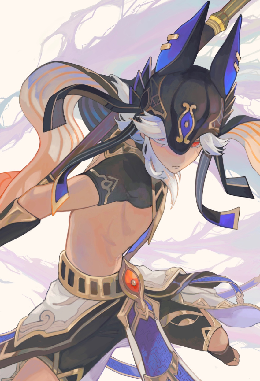 1boy animal_ears animal_hat black_headwear black_shirt black_shorts closed_mouth crop_top cyno_(genshin_impact) fake_animal_ears genshin_impact hair_over_one_eye hat highres holding holding_polearm holding_weapon male_focus medium_hair mumu_vosp one_eye_covered polearm red_eyes shirt shorts solo tan weapon white_hair