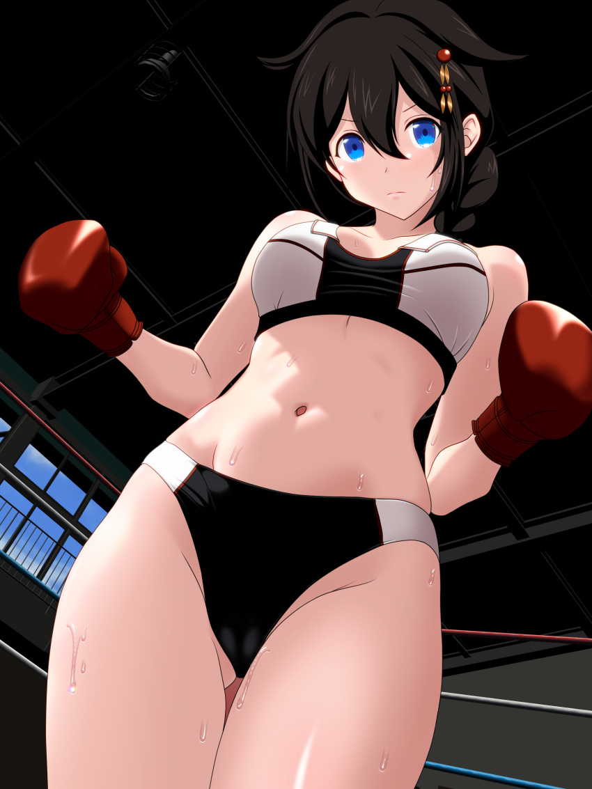 1girl absurdres adapted_costume ahoge black_hair blue_eyes boxing_gloves boxing_ring braid cameltoe commentary_request from_behind hair_flaps hair_over_shoulder highres indoors kantai_collection long_hair looking_at_viewer midriff navel noppo-san shigure_(kancolle) shigure_kai_ni_(kancolle) single_braid solo sports_bikini