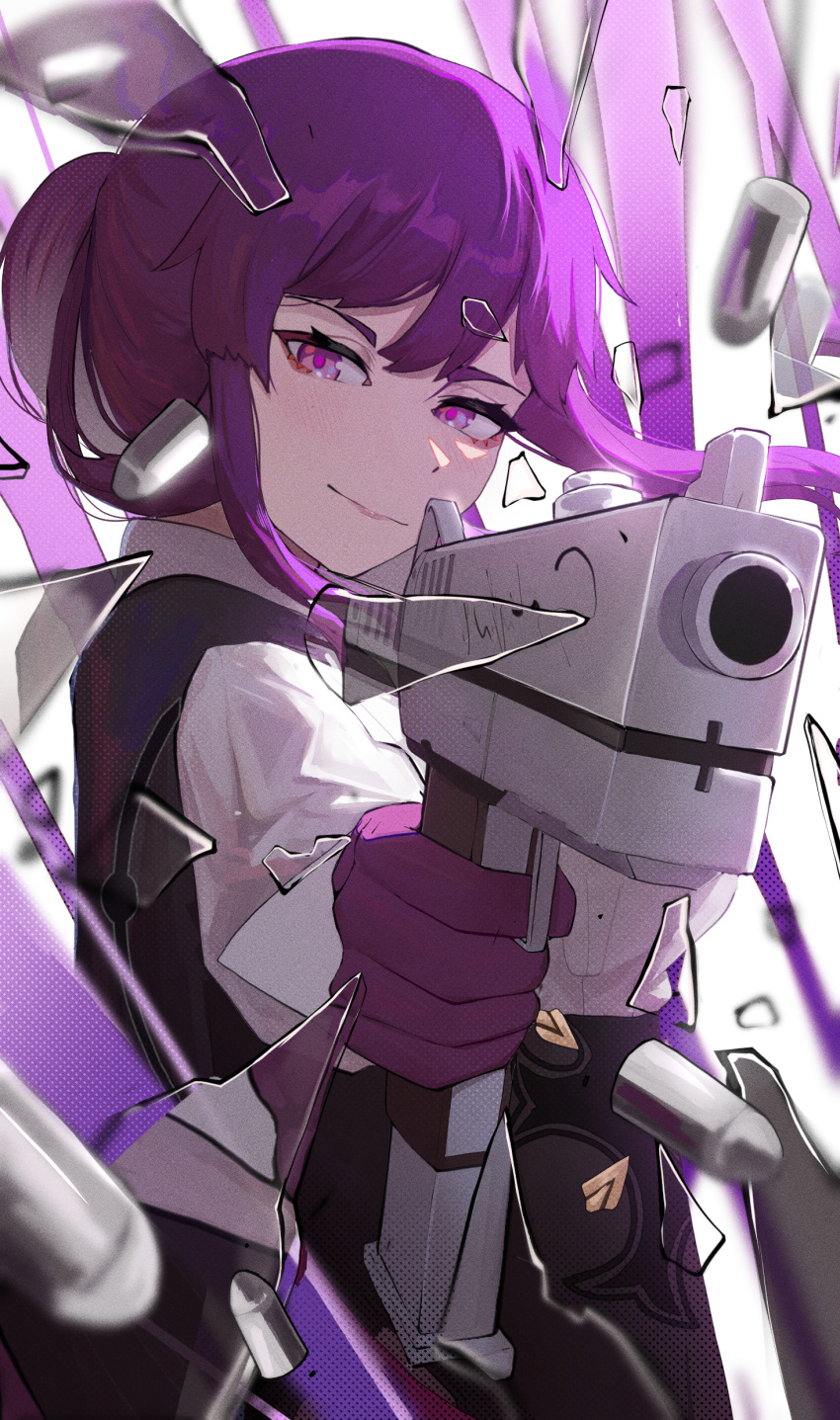 1girl absurdres aiming_at_viewer black_shorts bullet closed_mouth glass_shards gloves gun highres holding holding_gun holding_weapon honkai:_star_rail honkai_(series) kafka_(honkai:_star_rail) light_blush long_sleeves looking_at_viewer purple_eyes purple_gloves purple_hair shirt shorts solo weapon white_shirt yellow_glasses_(odivichno)