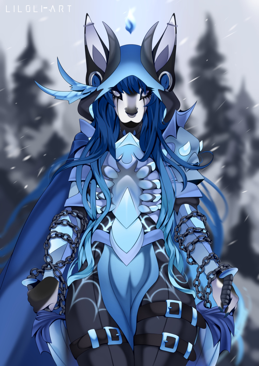 anthro armor black_body black_fur blades blue_hair canid canine canis chain chaos cloak clothing cold female fire forest fur hair hi_res horn knight liloli_(artist) long_hair mammal piercing plant ribbons shoulder_pads snow solo storm tape tight_clothing tree warrior weapon white_body white_eyes white_fur wolf