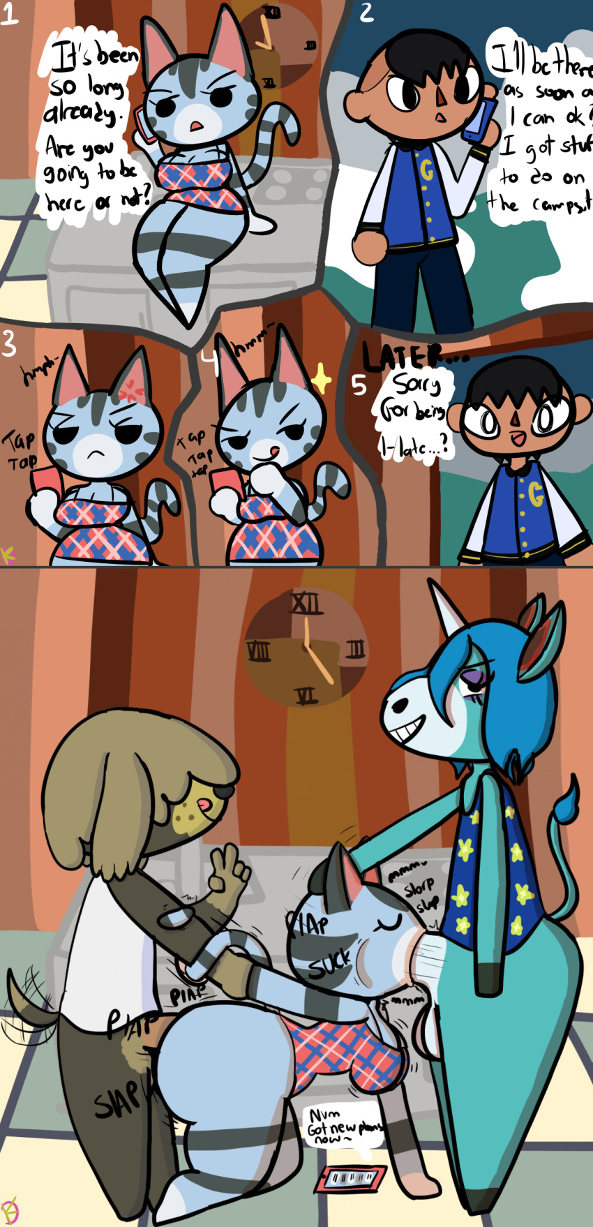 animal_crossing anthro big_penis bouncing_breasts breasts canid canine canis caught caught_and_continued caught_cheating colored comic domestic_dog double_penetration equid equine felid feline fellatio female genitals group hi_res horn horse human infidelity julian_(animal_crossing) klutzatdusk lolly_(animal_crossing) male male/female mammal nintendo oral penetration penile penis phone plap sex shep_(animal_crossing) text unicorn vaginal vaginal_penetration