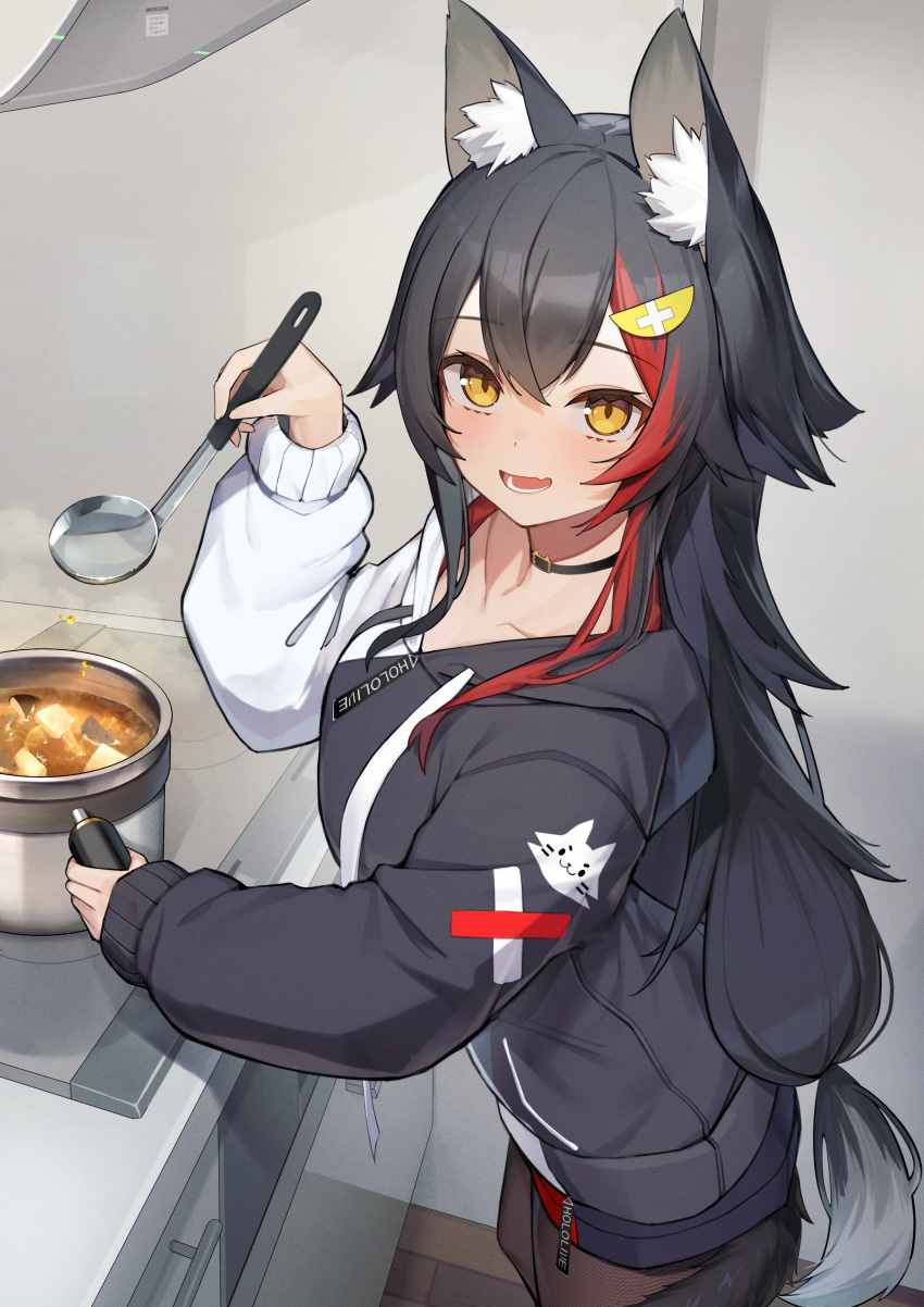 1girl absurdres akuto_(akuto_desu) animal_ears black_choker black_hoodie black_pantyhose blush choker cooking fang hair_between_eyes highres holding holding_ladle hololive hood hoodie ladle long_hair long_sleeves looking_at_viewer multicolored_hair ookami_mio ookami_mio_(3rd_costume) open_mouth pantyhose red_hair sidelocks skin_fang solo streaked_hair tail two-tone_hoodie upper_body very_long_hair virtual_youtuber white_hair white_hoodie wolf_ears wolf_girl wolf_tail