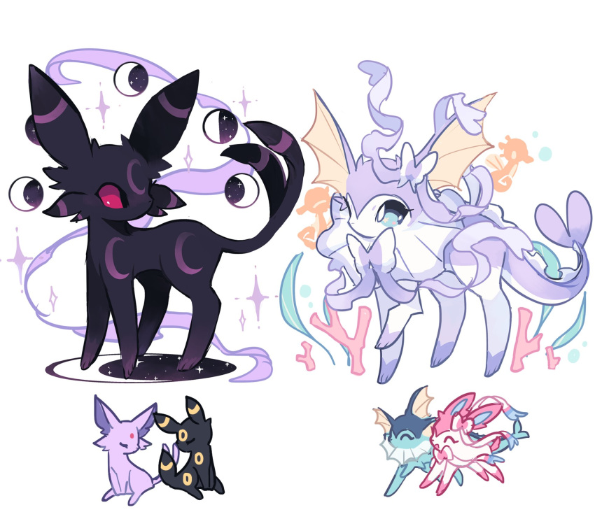 animal_focus bad_id bad_twitter_id charamells coral crescent_moon espeon fins full_moon fusion highres horsea moon moon_phases no_humans pokemon pokemon_(creature) simple_background sparkle star_(sky) sylveon umbreon vaporeon white_background