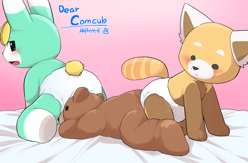 aggressive_retsuko ailurid animal_crossing anthro blush clothed clothing crossover diaper diaper_fetish diaper_only duo grinding hi_res lagomorph leporid male mammal nintendo open_mouth plushie plushophilia rabbit red_panda resasuke sanrio sasha_(animal_crossing) satsuki_rabbit teddy_bear topless wearing_diaper