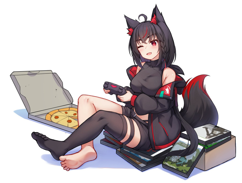 1girl ahoge animal_ear_fluff animal_ears black_hair black_jacket black_shirt black_shorts black_thighhighs blush braid breasts commentary_request controller crop_top food fox_ears fox_girl fox_tail game_controller hair_between_eyes highres holding holding_controller holding_game_controller hololive jacket kurokami_fubuki long_hair looking_at_viewer luxuriou_s medium_breasts multicolored_hair one_eye_closed open_clothes open_jacket open_mouth pizza red_eyes red_hair shirt short_shorts shorts sidelocks simple_background single_braid single_thighhigh sitting smile solo streaked_hair tail thigh_strap thighhighs virtual_youtuber white_background