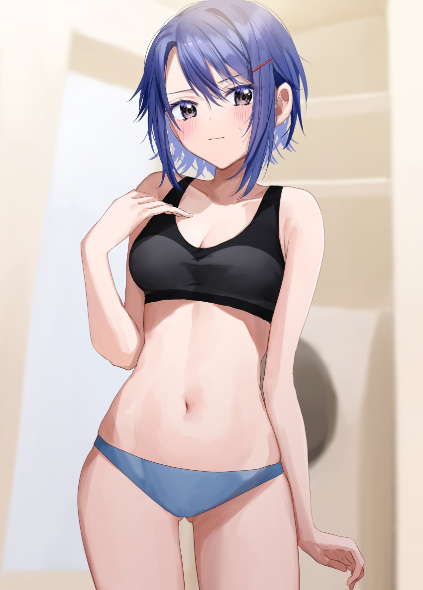 1girl absurdres akira_(jitsuimo) arms_at_sides ass_visible_through_thighs black_sports_bra blue_panties blush breasts chigusa_minori cleavage closed_mouth collarbone commentary_request cowboy_shot hair_between_eyes hair_ornament hairclip hand_up highres indoors jitsu_wa_imouto_deshita. looking_at_viewer medium_breasts navel novel_illustration official_art panties purple_eyes purple_hair second-party_source short_hair sidelocks skindentation solo sports_bra stomach sweatdrop underwear underwear_only