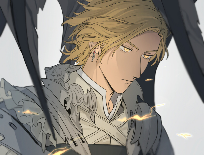 1boy armor azkn black_wings blonde_hair closed_mouth dion_lesage earrings expressionless final_fantasy final_fantasy_xvi jewelry looking_to_the_side male_focus medium_hair parted_bangs plate_armor shirt shoulder_armor solo swept_bangs upper_body white_shirt wings yellow_eyes