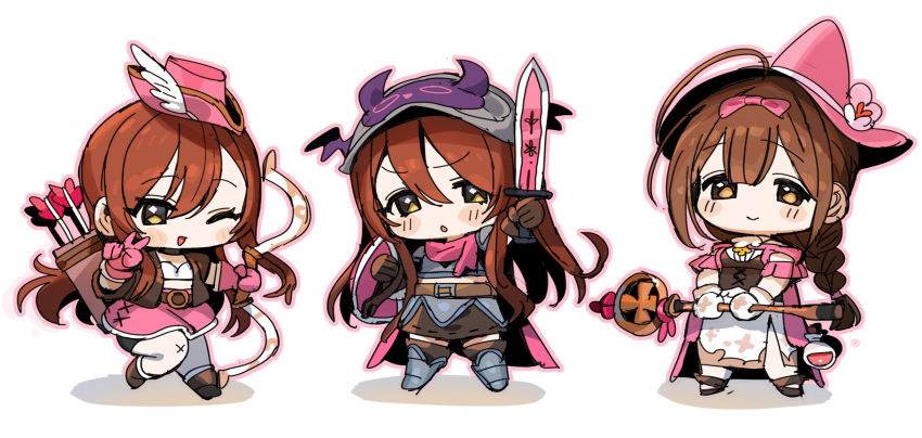 3girls ahoge arrow_(projectile) bow bow_(weapon) braid chibi hair_bow hat highres holding holding_sword holding_weapon idolmaster idolmaster_shiny_colors kuwayama_chiyuki multiple_girls osaki_amana osaki_tenka quiver shield spawnfoxy staff sword weapon witch_hat