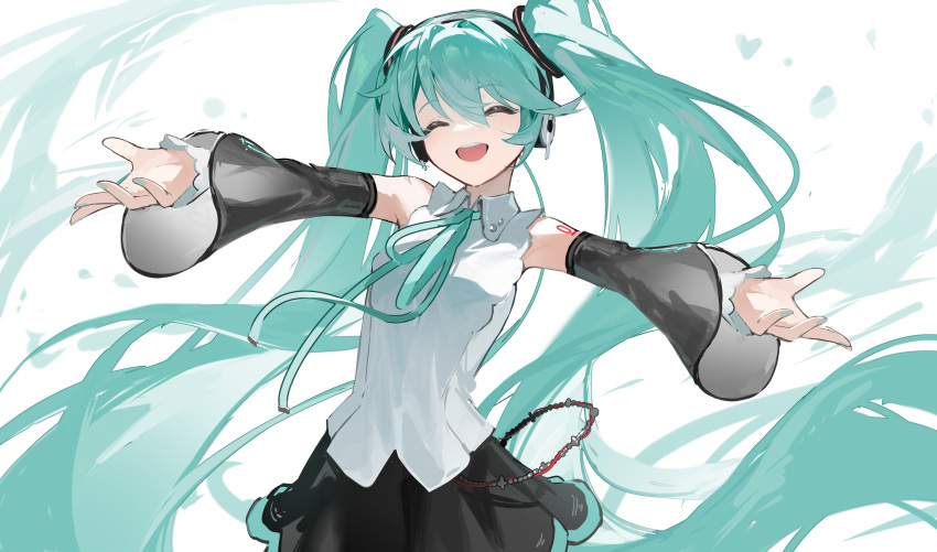 1girl absurdres aqua_bow aqua_bowtie aqua_hair black_skirt black_sleeves bow bowtie breasts closed_eyes commentary detached_sleeves hatsune_miku heart highres jiu_ye_sang long_hair number_tattoo open_mouth outstretched_arms shirt shoulder_tattoo skirt small_breasts smile solo spread_arms swept_bangs tattoo teeth twintails upper_teeth_only very_long_hair vocaloid white_shirt